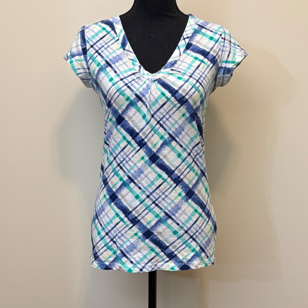 SO Womens L Blue Green Plaid V-Neck Cotton T-Shirt Y2K Short Sleeve Checkered